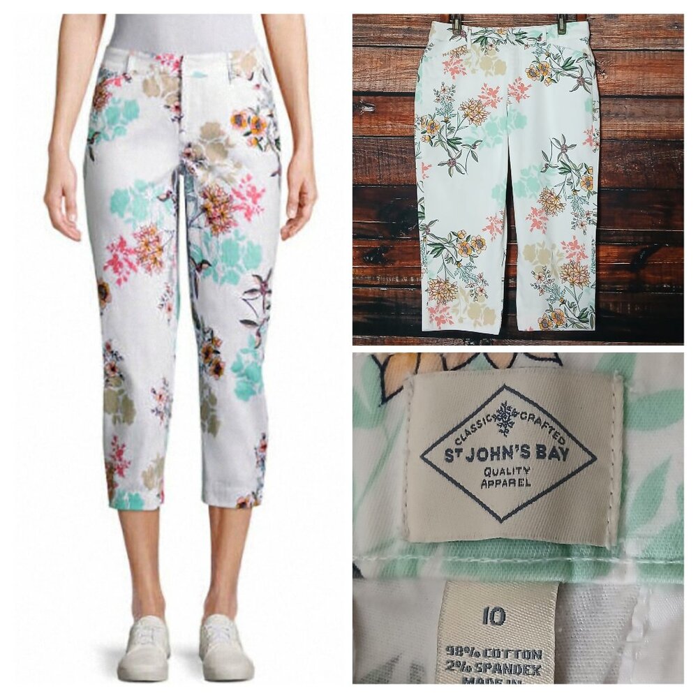 St Johns Bay Capri Pants Size 10 White Floral Print Stretch